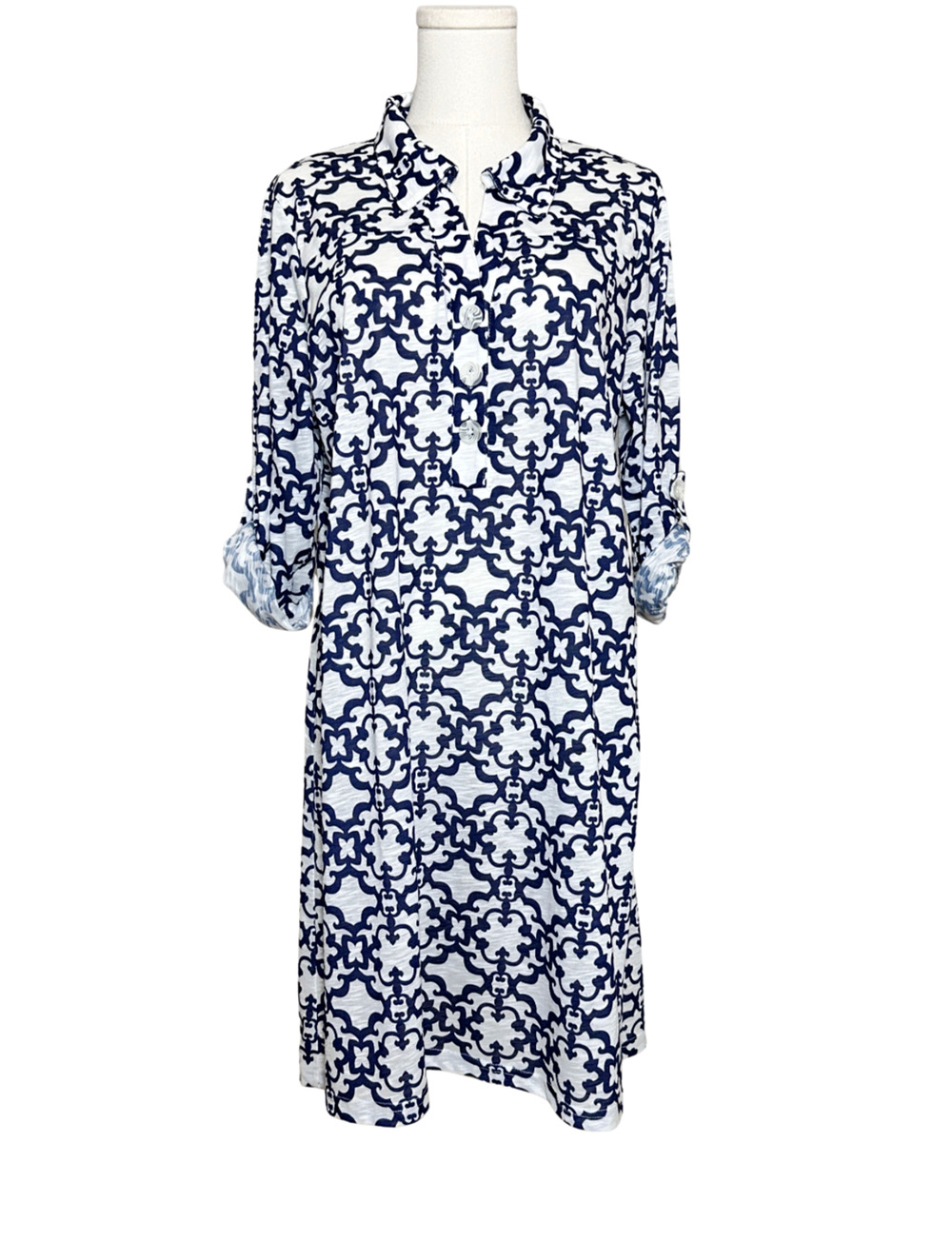 Tango Mango V Neck Collared Tunic Dress Navy White Roll Tab Sleeves Large